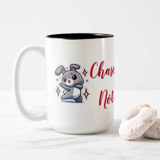 Chase Dreams, Not Carrots For Bunny Lovers Two-Tone Coffee Mug (With Donut)