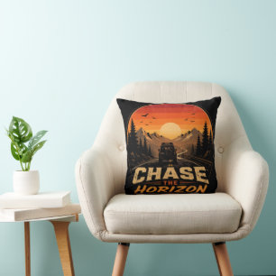 Chase the Horizon Vintage Retro Sunset Throw Pillow
