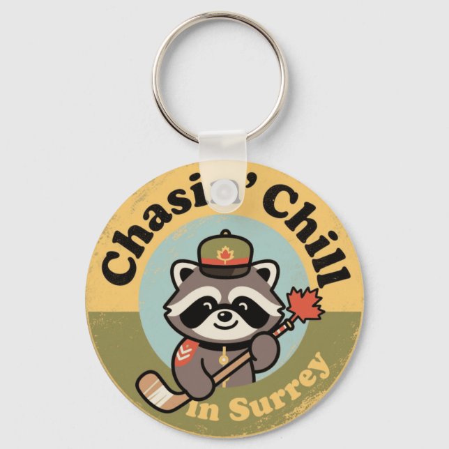 Chasin’ Chill Surrey with a Cool Raccoon Mountie Keychain (Front)