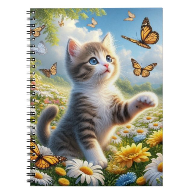 Chasing Butterflies Kitten in Flower Garden  Notebook (Front)