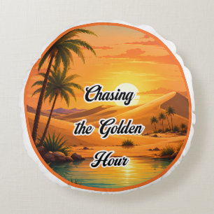 Chasing the Golden Hour Sunset Oasis Aesthetic Round Pillow