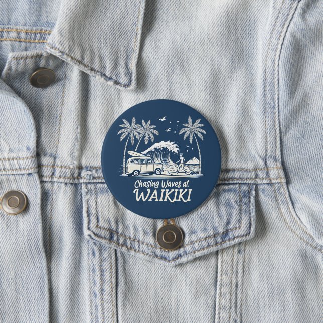 Chasing Waves at Waikiki 3 Inch Round Button (In Situ)