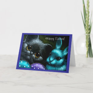 Chat à chaton noir et carte lapin de Pâques