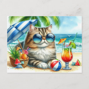 Chat à la plage et cocktails Carte postale