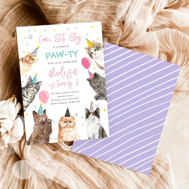 Chat Anniversaire Invitation Kitten Party Pawty Gi (Créateur téléchargé)