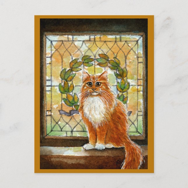Chat au gingembre avec carte postale en vitrail vi (Devant)