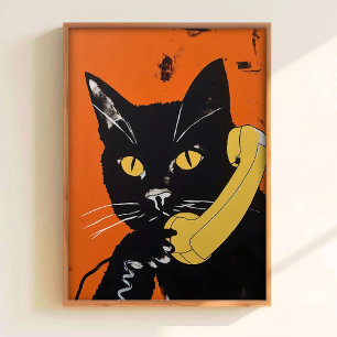 Chat Au Téléphone Affiche Rétro Impression Drôle D