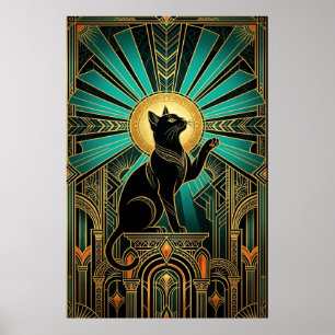 Chat au trône d'émeraude avec halo Art Déco