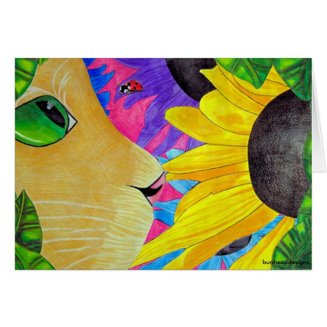 Chat aux yeux verts avec la coccinelle et la fleur (Devant horizontal)