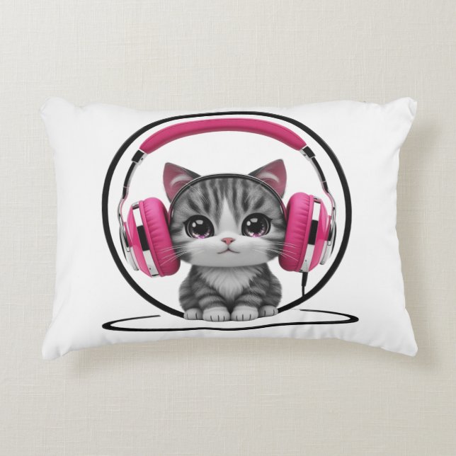 Chat avec casque coussin décoratif (Devant)