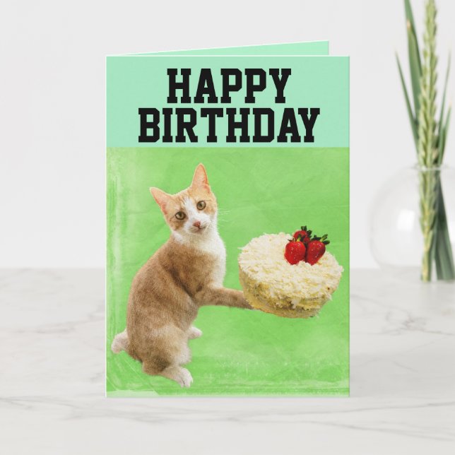 CHAT AVEC GRANDE CARTE DE SALUT DE GÂTEAU D'ANNIVE (Devant)