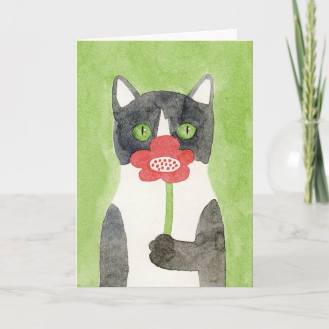 Chat avec la carte de note de fleur (Devant)