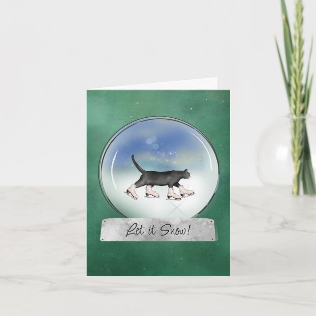 Chat avec Patinage sur glace Snowglobe Carte de No (Devant)