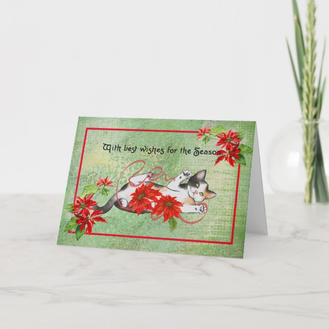 Chat avec Poinsettias Carte de Noël Vintage (Devant)