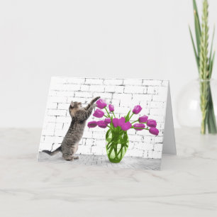 Chat avec Tulipe rose Carte Anniversaire