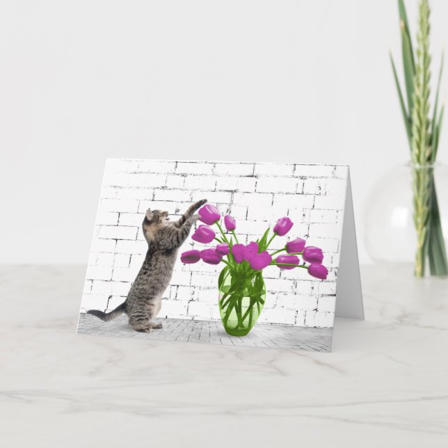 Chat avec Tulipe rose Carte Anniversaire (Devant)