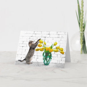 Chat avec Tulipes Jaunes Carte d'anniversaire