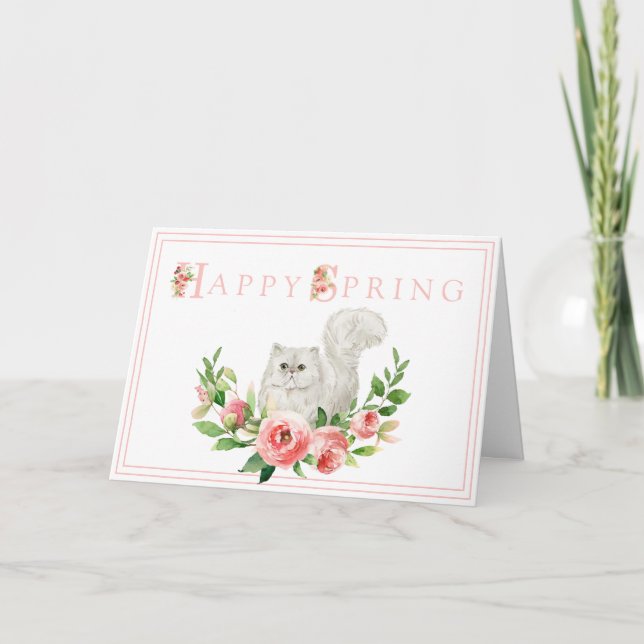 Chat blanc aux fleurs roses Carte Pâques (Devant)