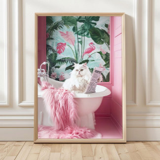 Chat Blanc dans la Baignoire Impression, Affiche D