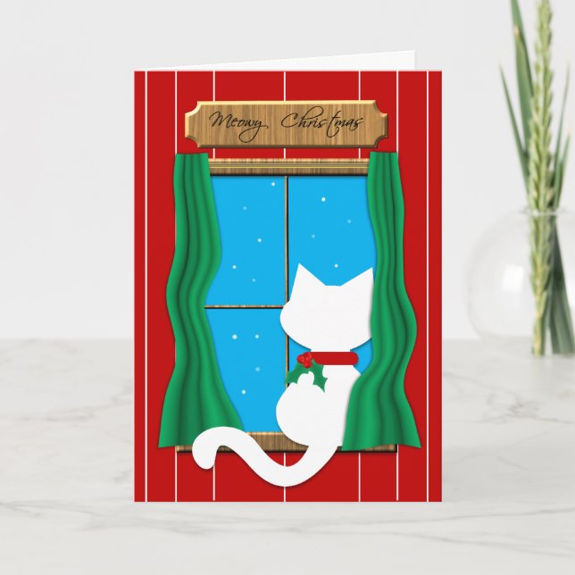 Chat blanc dans la fenêtre neigeuse - Carte de Noë (Devant)
