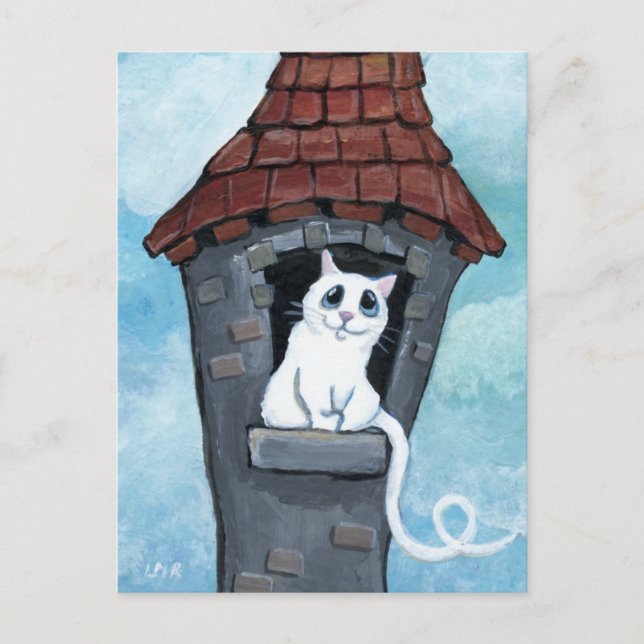 Chat blanc dans une tour de conte fée Cartes posta (Devant)