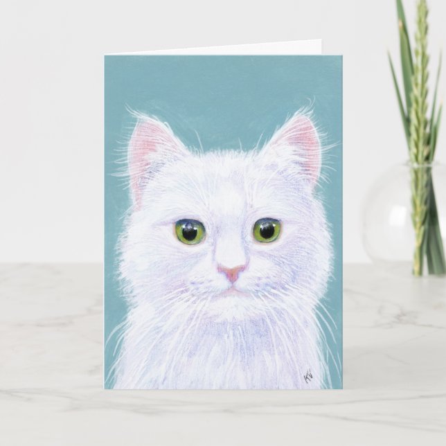 Chat blanc mignon toute occasion ou carte d'annive (Devant)