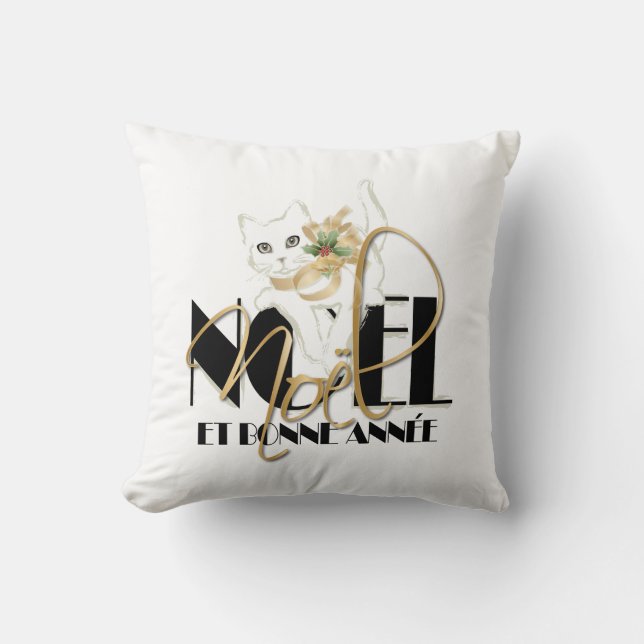 Chat Blanc, Noël et Bonne Année Throw Pillow (Front)
