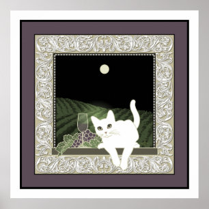 Chat Blanc, Vin et la Lune Poster