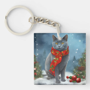 Chat Bleu Russe à Noël sous la neige