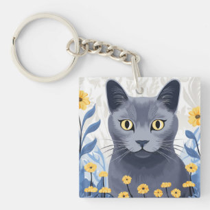 Chat Bleu Russe Fleurs Jaunes