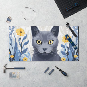 Chat Bleu Russe Fleurs Jaunes