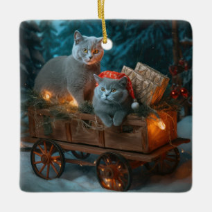 Chat Bleu Russe Sleigh Neigeux Décoration de Noël