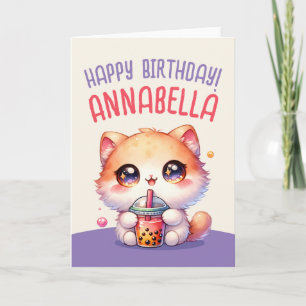 Chat Boire Boba Cute Bubble Tea Carte Anniversaire