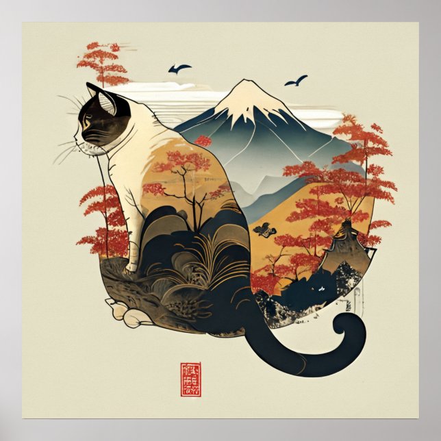Chat Brown avec Poster du Mont Fuji (Devant)