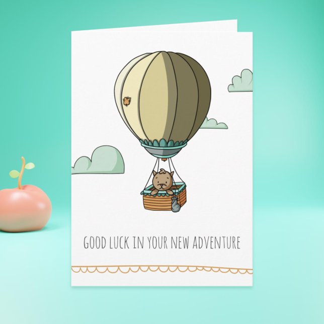Chat Brown dans le ballon chaud Bonne chance Carte (Cat farewell card perfect for graduations, retirements and new beginnings)