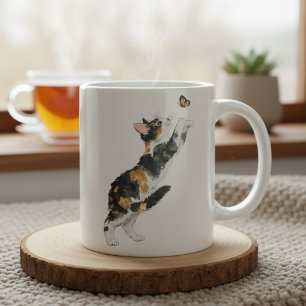 Chat calico joueur et papillon Mug aquarelle