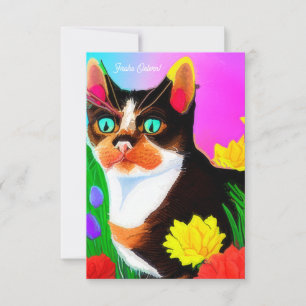 Chat coloré et fleurs Carte de Pâques