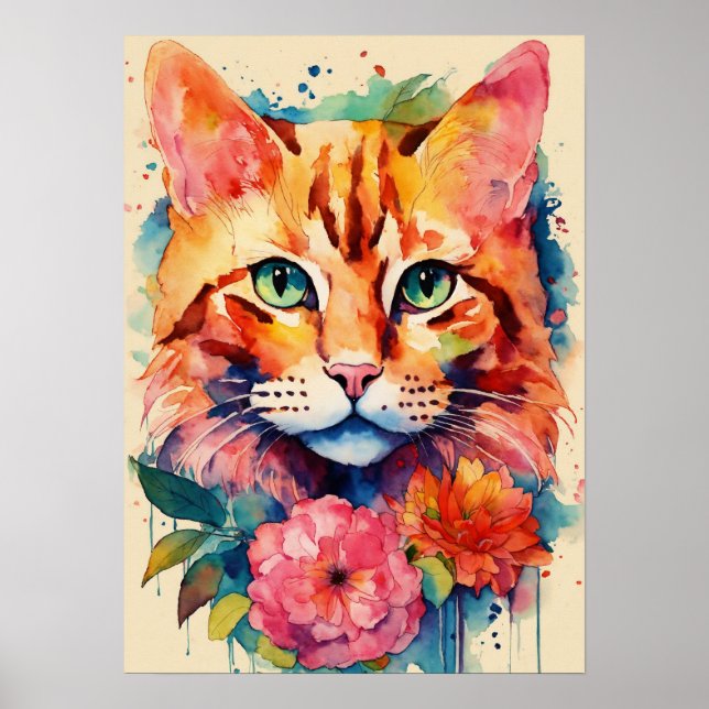 Chat coloré Silhouette Aquarelle Poster murale (Devant)