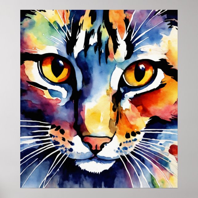 Chat coloré Silhouette Aquarelle Poster murale (Devant)