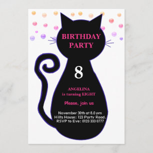 Chat & Confetti multicolore Invitation d'anniversa