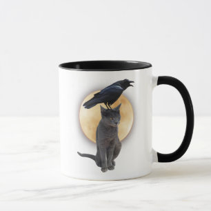 Chat, Corbeau, Pleine lune Halloween Mug