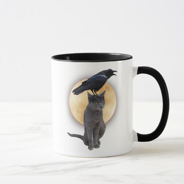 Chat, Corbeau, Pleine lune Halloween Mug (Droite)