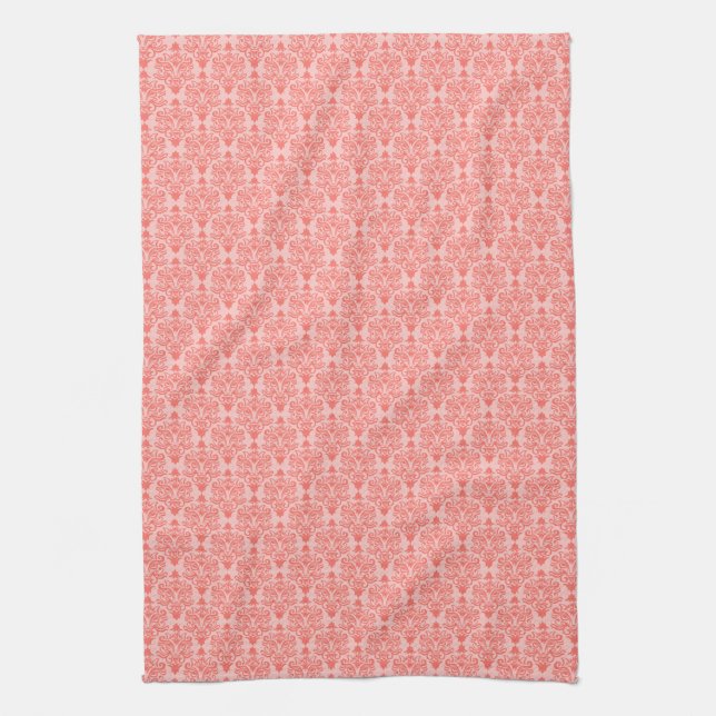 Chat Damask Coral et Blush Serviette de cuisine (Vertical)