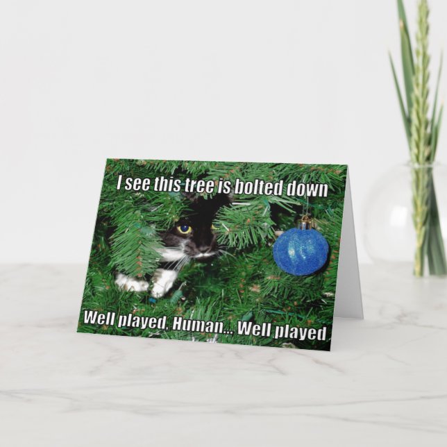 Chat Dans Un Arbre De Noël Mème Carte De Noël (Devant)
