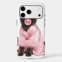 Chat dans une robe rose avec bigoudis et bubble-gu