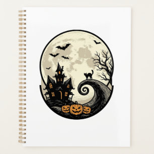 Chat de Halloween Vintage Maison Hantée Lune Vecte