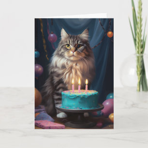 Chat de Maine Coon avec carte de gâteau d'annivers