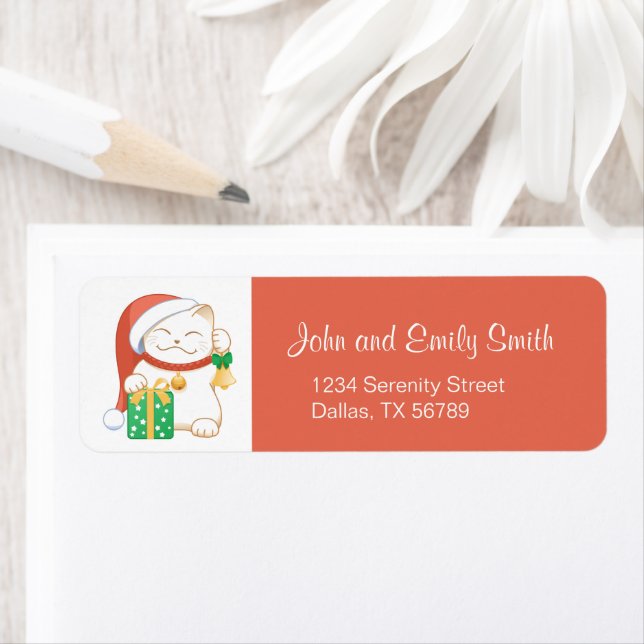 Chat de Noël blanc dans un Casquette rouge (En situation)