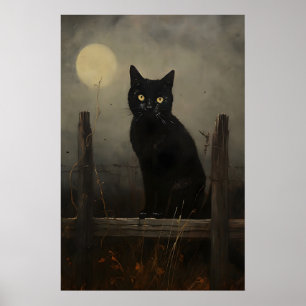 Chat de nuit noir impression vintage, Chat de lune