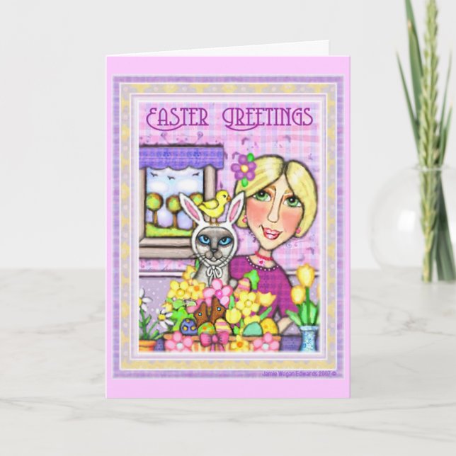 Chat de Pâques dans le panier et la carte de voeux (Devant)